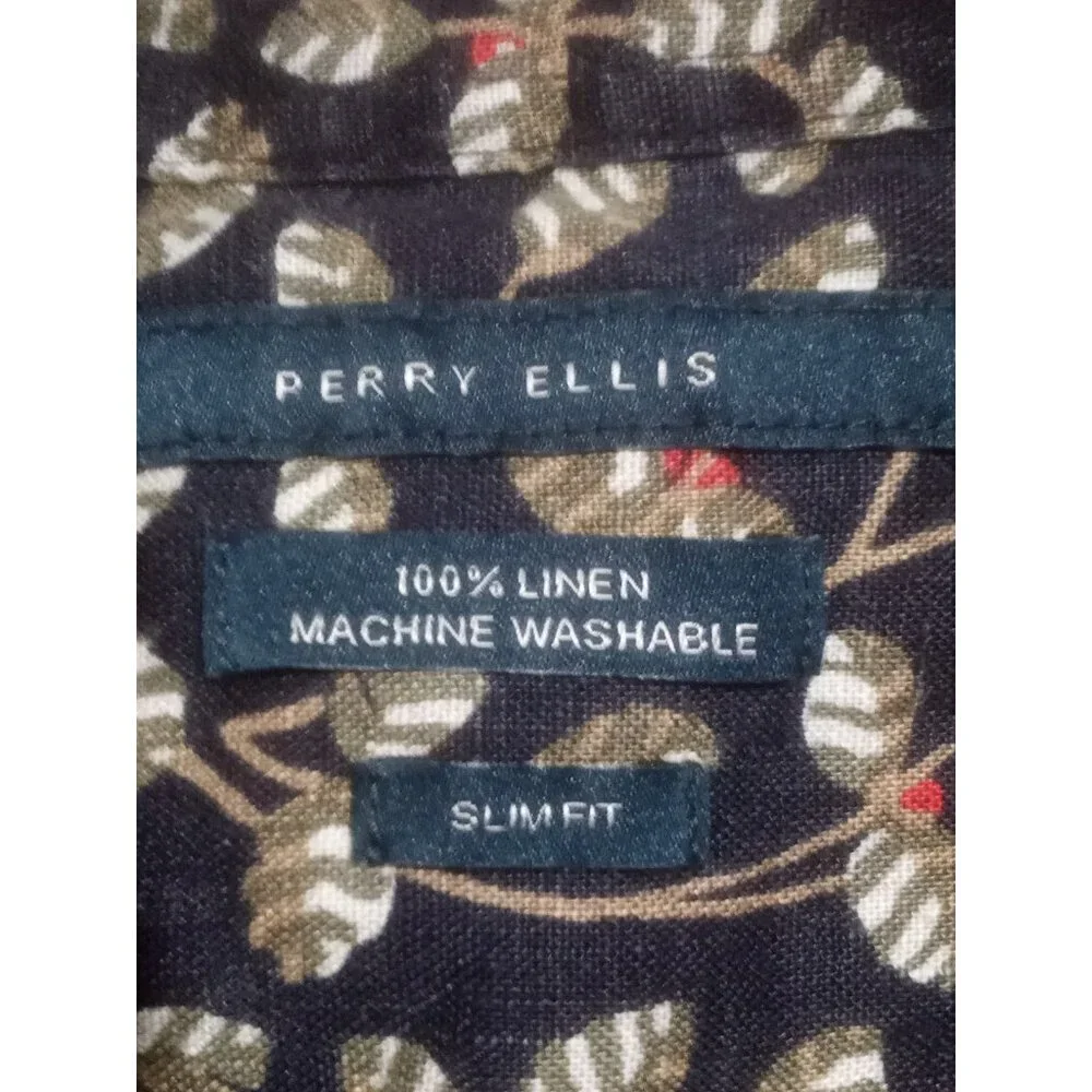 Perry Ellis 100% Linen Slim Fit Men’s Button Shirt Blue Floral Short Sleeve 2XL - Picture 9 of 12